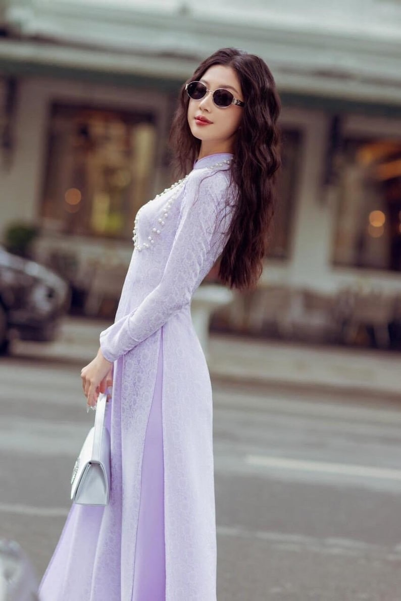 Charmant brocart violet fait main Ao Dai, casquette Ao Dai Viet Nam mau Xanh cao, o Dài truyền thống việt nam cao cấp image 8