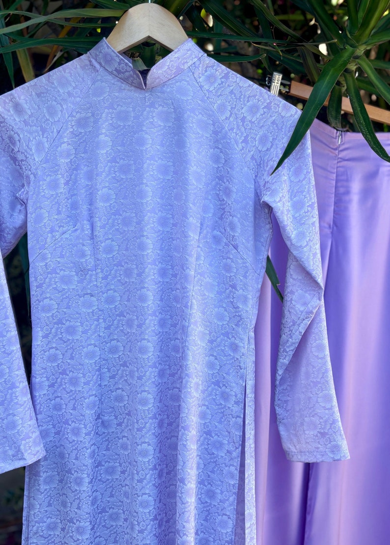 Charming Handmade Purple Brocade Ao Dai, Ao Dai Viet Nam mau Xanh cao Cap, Áo Dài truyền thống việt nam cao cấp image 6