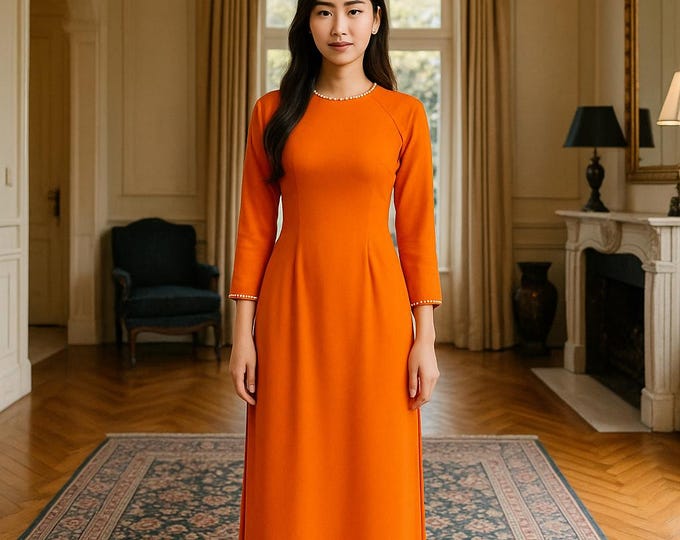 Beautiful Orange Ao Dai with Pearls , Ao Dai for women, Bridesmaid's ao Dai, Ao Dai Cam Dinh Ngoc Trai
