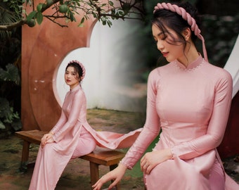 Double Layer Pink Traditional Vietnamese Ao Dai, Van Go Silk Ao Dai, Ao Dai Lua Van Go Cao Cap