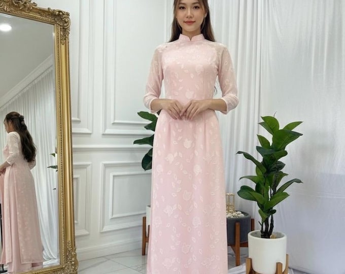 Blush Pink Vietnamese Áo Dài | Elegant Rose Pattern | Double Layer Premium Fabric | Traditional Dress with Pants