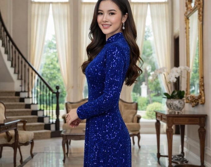 Blue Luxurious Sequin ao dai, Ao dai for Bride mother of Bride/Groom, Ao dai truyen thong Dep