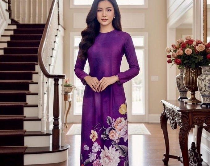 Beautiful Hand-Made Traditional Gold Floral Vietnamese Ao Dai
