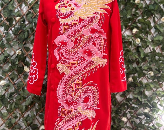 Oil Painting Red Vietnamese Traditional Long Dress for Men, Ao Dai Chu Re, Ao Dai Nam. No pants