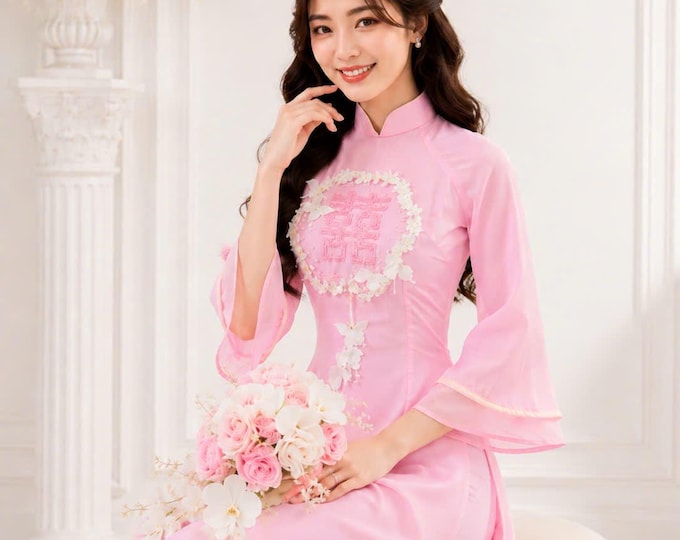 Traditional Pink Vietnamese Ao Dai, Pearl Silk Wedding Dress, Elegant Bride Attire
