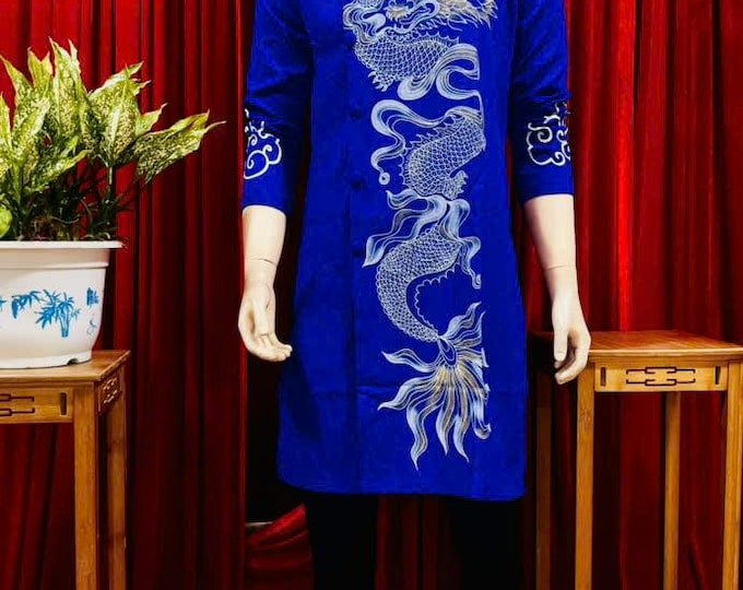 Oil Painting Blue Vietnamese Traditional Long Dress for Men, Ao Dai Chu Re, Ao Dai Nam. No pants