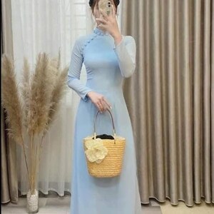 Handmade Long Double Layers Ao Dai, Ao Dai Viet Nam mau Xanh cao Cap, Áo Dài truyền thống việt nam cao cấp Light Blue