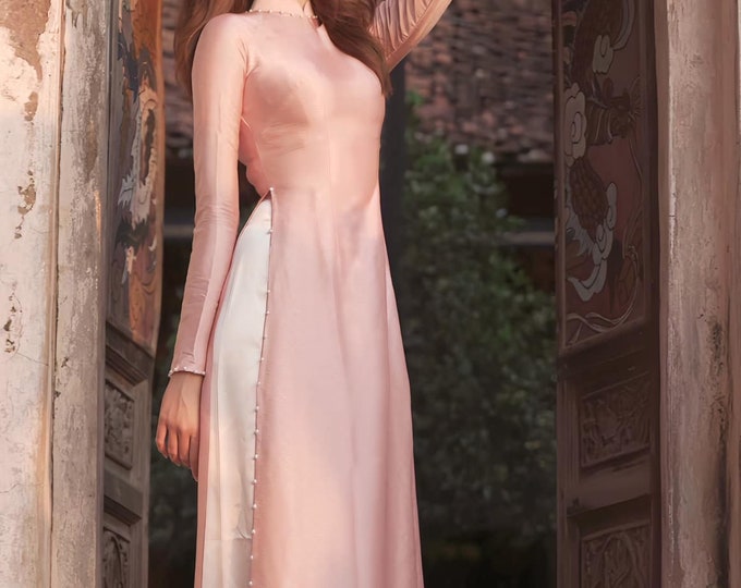 Hand-Made Pink Traditional Vietnamese Ao Dai, Van Go Silk Ao Dai, Ao Dai Lua Van Go Cao Cap