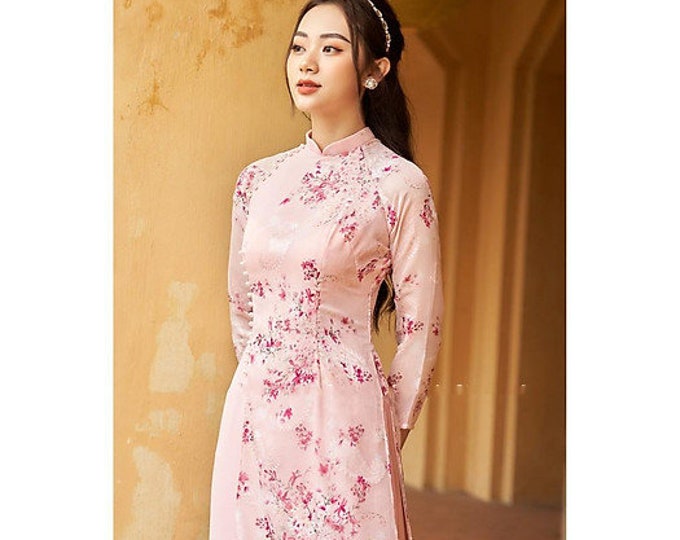 Beautiful Pink Lace Ao Dai with Bead, Ao Dai Hoa Nhi hai Ta Dinh Ngoc Trai