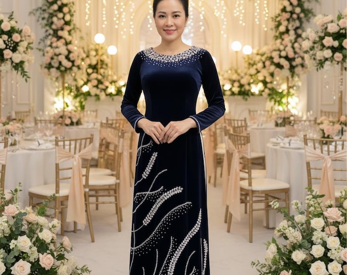 Luxurious Designed Navy Velvet Ao Dai Vietnamese Traditional Ao Dai