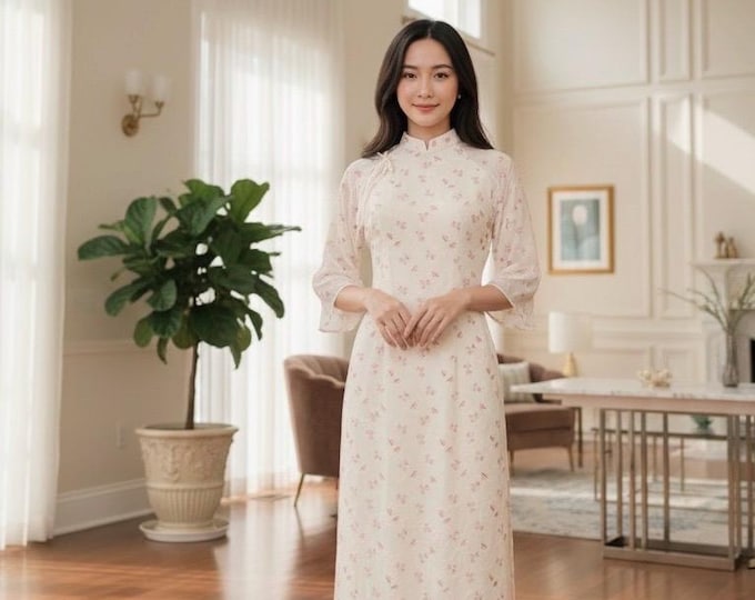 Modernized Nude Embroidered Ao Dai, Ao Dai Viet Nam Cach Tan Cao Cap, Áo Dài việt nam cao cấp