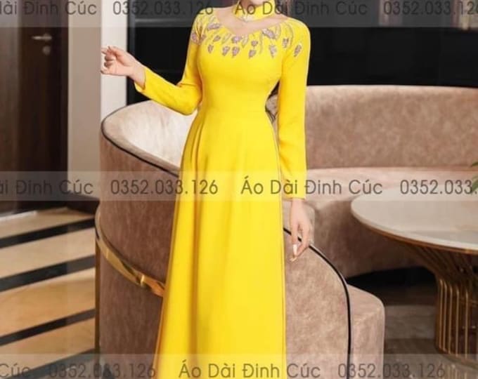 Yellow Luxurious Traditional Ao Dai for women, Ao dai for mother of Bride/Groom, Ao dai truyen thong Dep