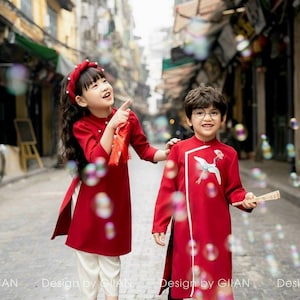 Vietnamese Red  Velvet Ao Dai For Kids, Children&#39;s Ao Dai, Ao dai for Boys, ao dai for Girl Boy&#39;s Ao Dai Girl&#39;s Ao Dai Ao Dai Be Trai Be Gai