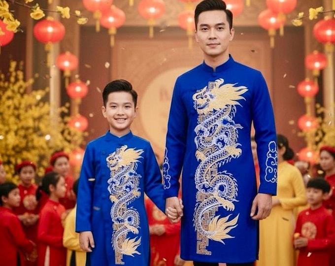 Blue Oil Painting Dad and Son matching Vietnamese Ao Dai, Ao dai cho Bo va Con Trai Ve Son Dau