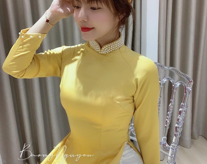 Beautiful Yellow Ao Dai with Beads, Ao Dai for bridesmaids, Bridesmaid's ao Dai, Ao Dai Viet Nam Phu Dau Ket Cuom, Áo dài phụ dâu kết cườm