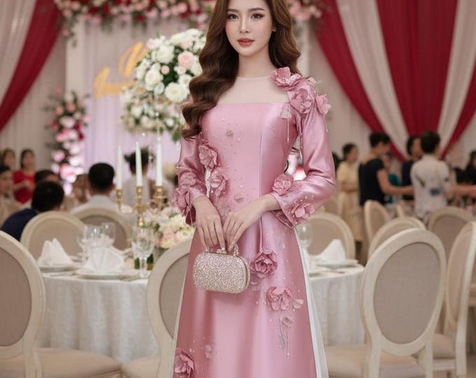 Pink Luxurious Handmade Ao Dai for women, Ao dai for mother of Bride/Groom, Ao dai truyen thong Dep