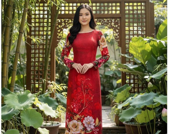 Beautiful Hand-Made Red Traditional Floral Vietnamese Ao Dai