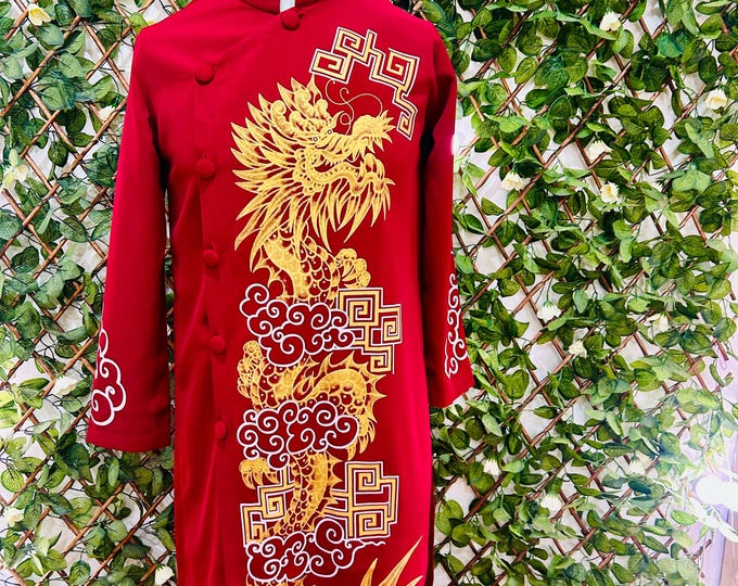 Oil Painting Red Vietnamese Traditional Long Dress for Men, Ao Dai Chu Re, Ao Dai Nam. No pants