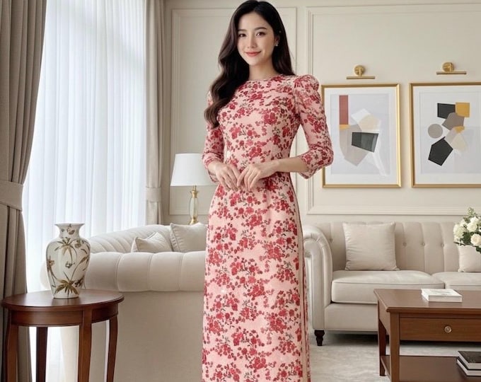 Red Floral Vietnamese Áo Dài | Double Layer Premium Fabric | Traditional Dress with Nude Pants