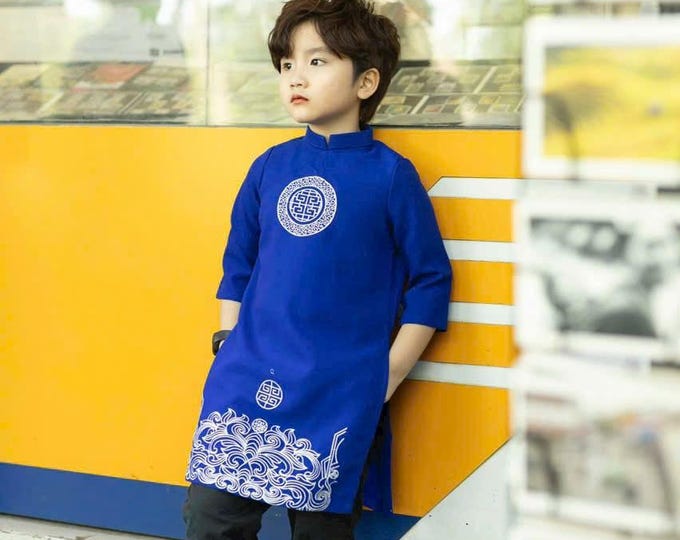 Blue Embroidered Ao dai for boys, Boys' Ao Dai, Áo Dài Cho Bé Trai