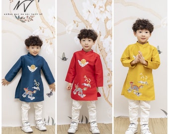 Dragon Embroidered Vietnamese Ao Dai for Kids, Children&#39;s Ao Dai, Ao dai for Boys, Boy&#39;s Ao Dai, Ao Dai Be Trai