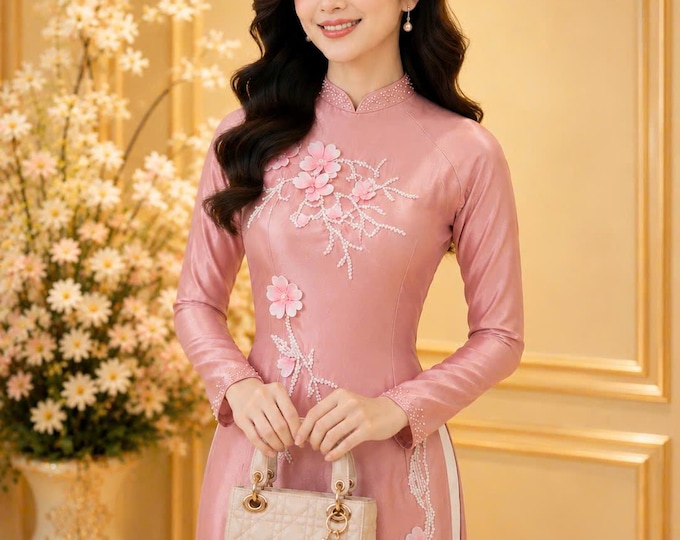 Luxurious Pink Ao Dai for Women, The Bride Pink Ao Dai, Ao Dai Co Dau Mau Hong, Áo dài Sang Trong, Áo dài Bà Sui, Ao dai for Mother of Bride