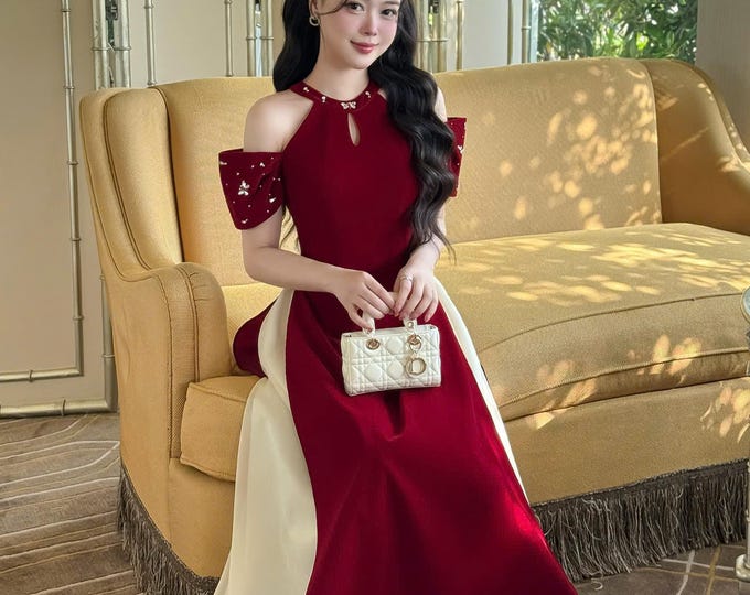 Red Velvet Modernized Ao Dai, Ao Dai Viet Nam Cach Tan Cao Cap, Áo Dài việt nam cao cấp