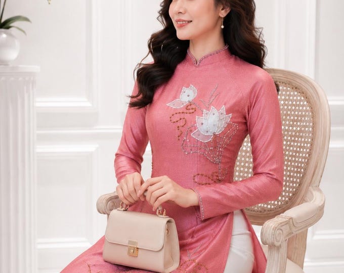Luxurious Pink Ao Dai for Women, The Bride Pink Ao Dai, Ao Dai Co Dau Mau Hong, Áo dài Sang Trong, Áo dài Bà Sui, Ao dai for Mother of Bride