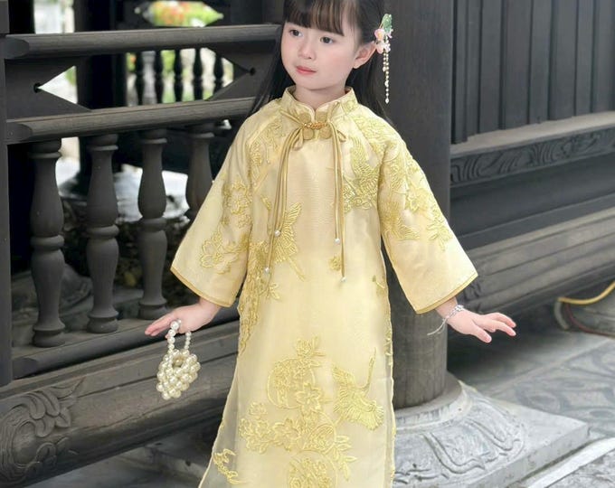 Yellow Emroidered 4 flaps Vietnamese Ao Dai For Girls, Children's Ao Dai, Ao dai for Kids , Kid's Ao Dai, Girls' Ao Dai