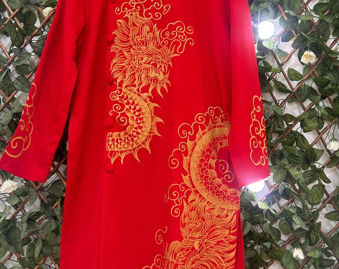 Oil Painting Red Vietnamese Traditional Long Dress for Men, Ao Dai Chu Re, Ao Dai Nam. No pants