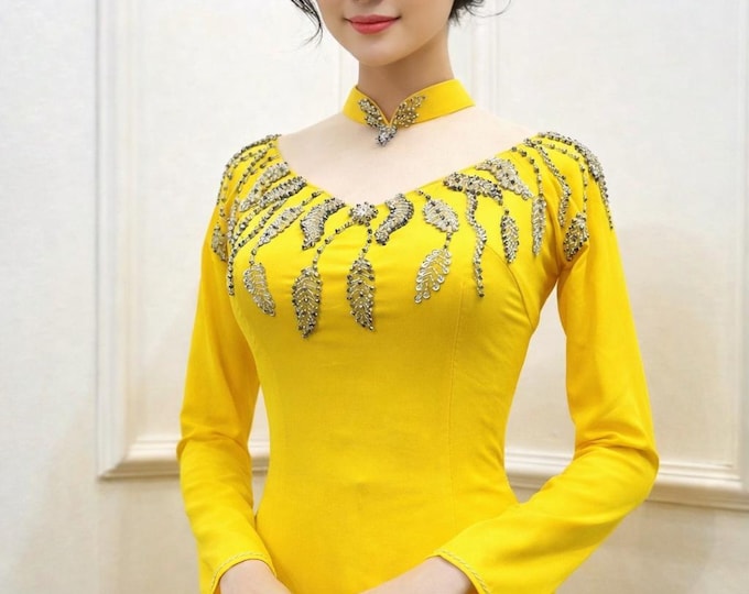 Yellow Chiffon Silk Ao Dai, Traditional Vietnamese Dress, Beaded High Neck