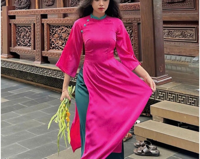 Modernized Hot Pink Handmade Ao Dai, Ao Dai Viet Nam cao Cap, Áo Dài việt nam cao cấp