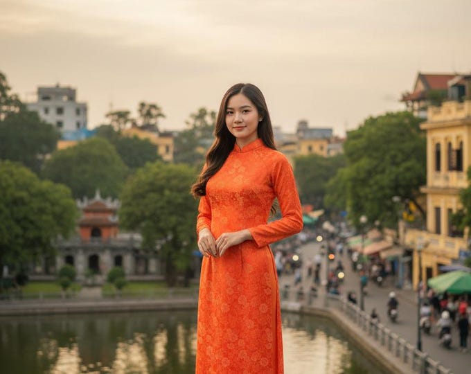 Hand-Made Orange Brocade Traditional Floral Vietnamese Ao Dai