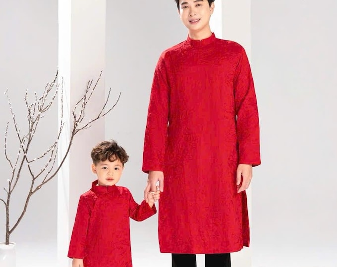 Red Embroidered Dad and Son matching Vietnamese Ao Dai, Ao dai for men, Ao dai for boys, Áo Dài Bố Và Con Trai Thêu Thủy Hạc
