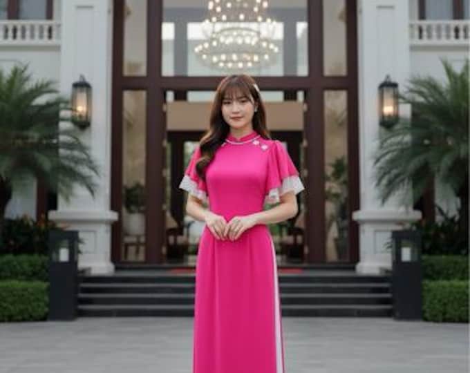 Hand-Made Modernized Red and Hot pinkTraditional Vietnamese Ao Dai