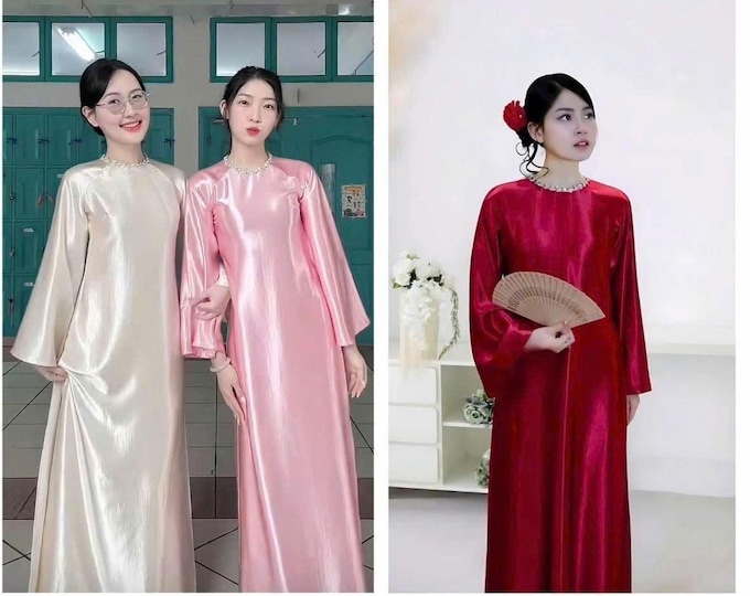 Designed Loose-fitting Modernized Ao Dai Pink and Red Ao Dai Cach Tan Dang Suong Thiet ke Dep Beautiful Hand-made Ao Dai