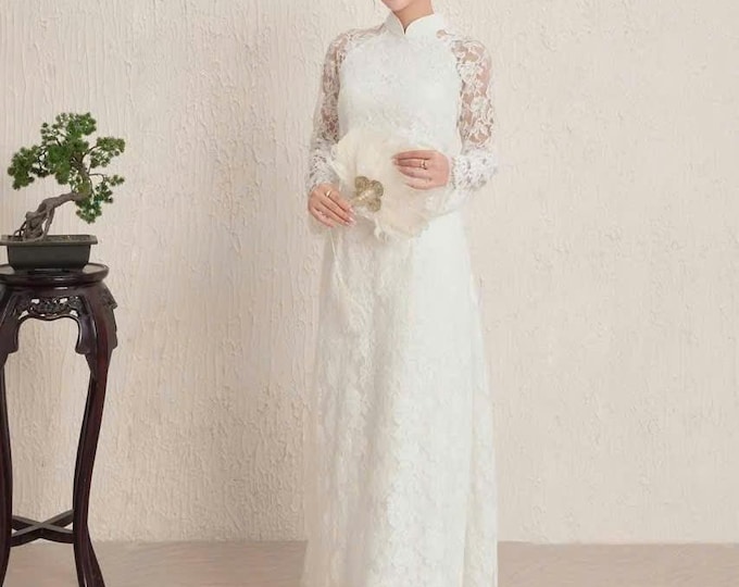 Luxurious White Lace Ao Dai for The Bride, Ao Dai Co Dau Mau Do, Áo dài Trắng Cô Dâu