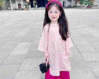 Beautiful Brocade Pink Vietnamese Ao Dai For Girls , Children's Ao Dai, Ao dai for Kids , Kid's Ao Dai, Girls' Ao Dai