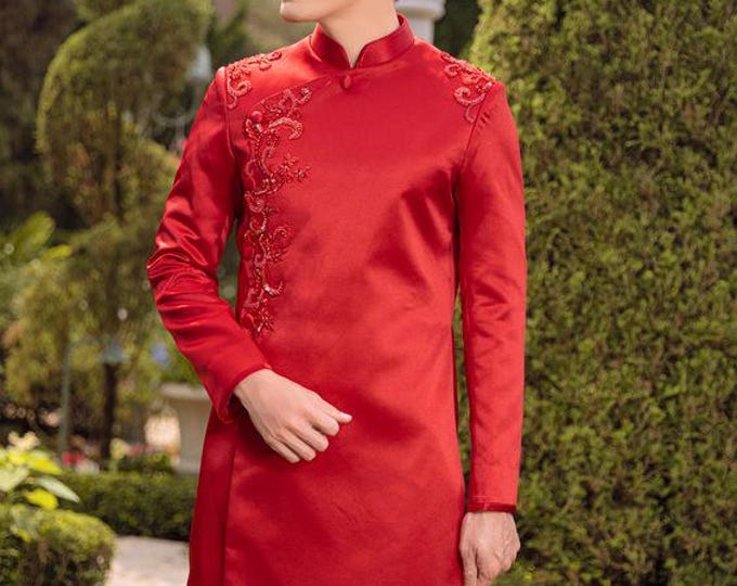 Red Designed Vietnamese Traditional Long Dress for the Groom, Men's ao dai, Ao dai for men, Ao Dai Chu Re, Ao Dai Nam. No pants