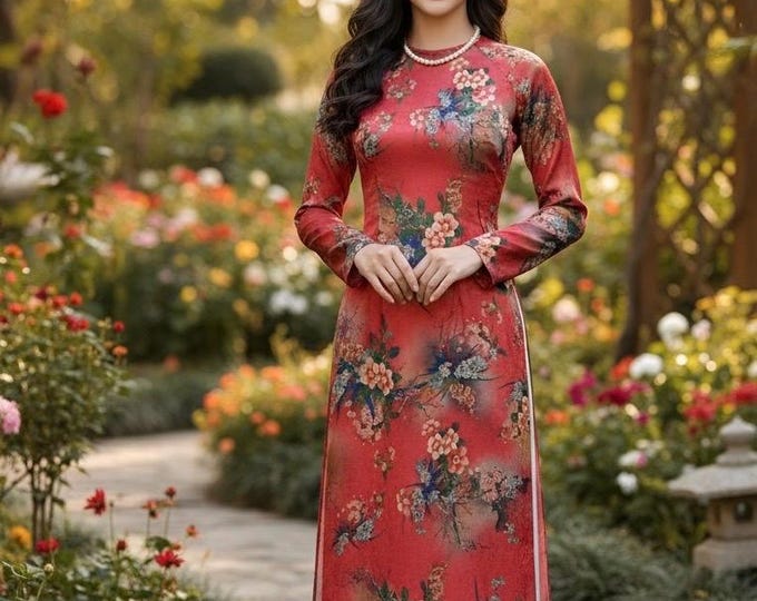 Beautiful Red Floral Brocade Silk Ao Dai Vietnamese Traditional Long Dress for Women