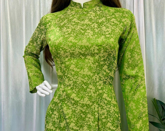 Brocade Traditional Vietnamese Ao Dai - Dual-Tone Green and Yellow | Gam Silk Premium Ao Dai | Luxury Áo Dài Gấm Cao Cấp