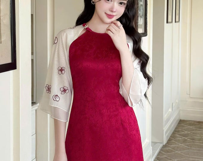 Modernized Red/Pink Áo Dài with Flowers Elegant & Timeless