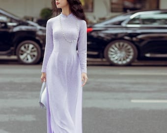 Charming Handmade Purple Brocade Ao Dai, Ao Dai Viet Nam mau Xanh cao Cap, Áo Dài truyền thống việt nam cao cấp