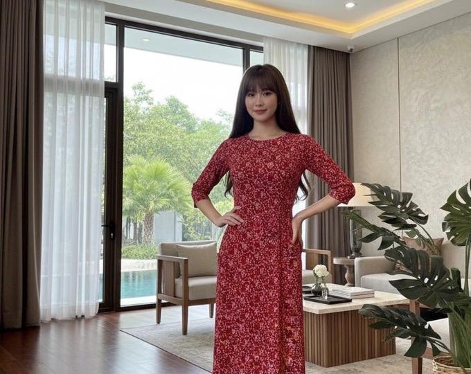Red Floral Silk Traditional Vietnamese Ao Dai | Silk Premium Ao Dai | Luxury Áo Dài Hoa Nhí Cao Cấp