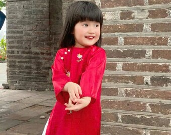 Red Emroidered Vietnamese Ao Dai For Girls , Children's Ao Dai, Ao dai for Kids , Kid's Ao Dai, Girls' Ao Dai