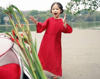 Red Brocade Vietnamese Ao Dai For Girls , Children's Ao Dai, Ao dai for Kids , Kid's Ao Dai, Girls' Ao Dai