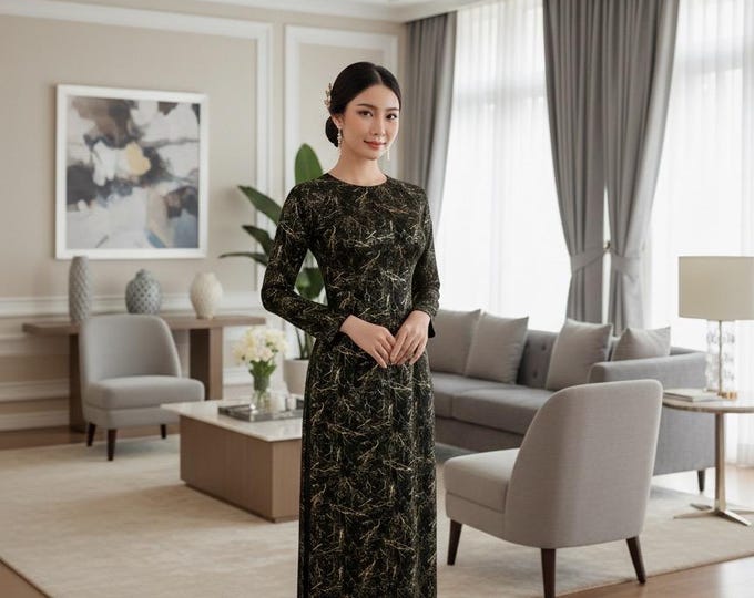 Handmade Black and Gold Ao Dai, Ao Dai Viet Nam cao Cap, Áo Dài việt nam cao cấp