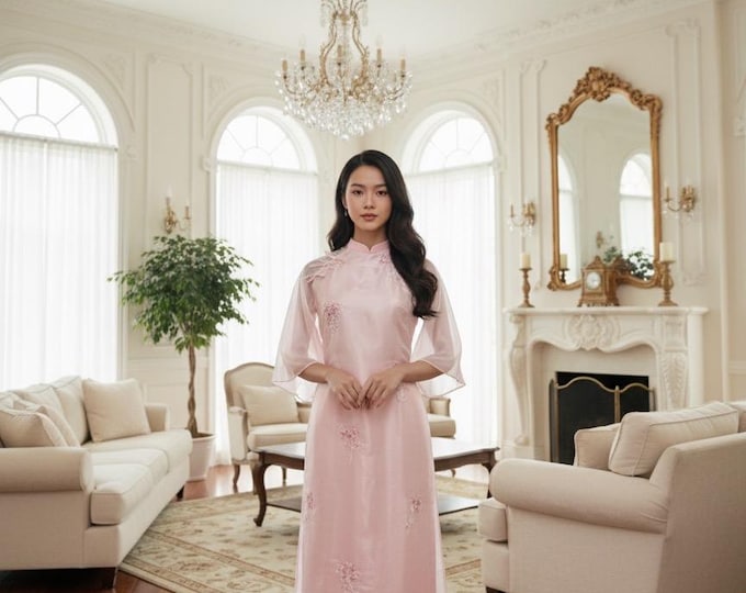 Pink Embroidered Modernized Loose-fitting Ao Dai, Ao Dai Viet Nam Cach Tan Dang Suong Cao Cap, Áo Dài Suông việt nam cao cấp