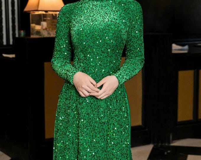 Green Luxurious Sequin ao dai, Ao dai for Bride mother of Bride/Groom, Ao dai truyen thong Dep