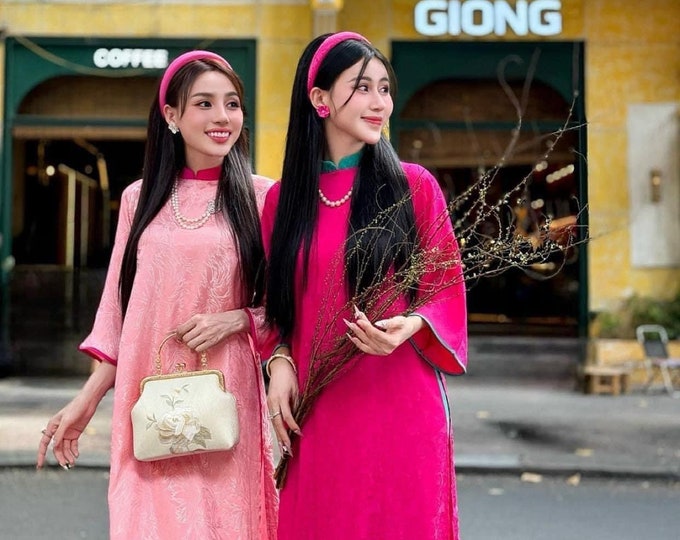 Pink Designed Modernized Ao Dai Ao Dai Cach Tan Thiet ke Dep Beautiful Hand-made Modernized Vietnamese Ao Dai